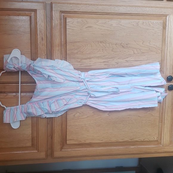 Blue and Pink Stripe Ruffle Romper - Picture 1 of 3